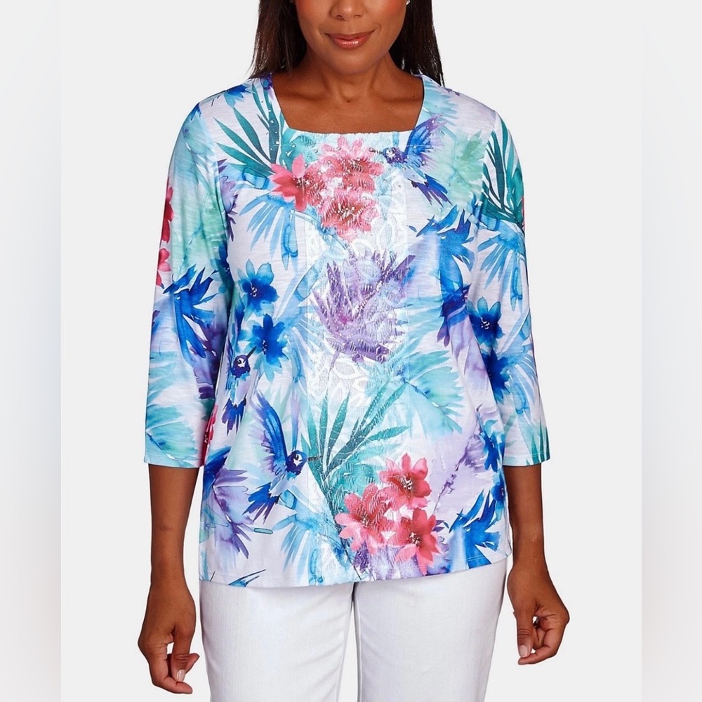 Alfred Dunner Women’s Classic Brights Tropical Birds Lace Paneled Top Size XL
